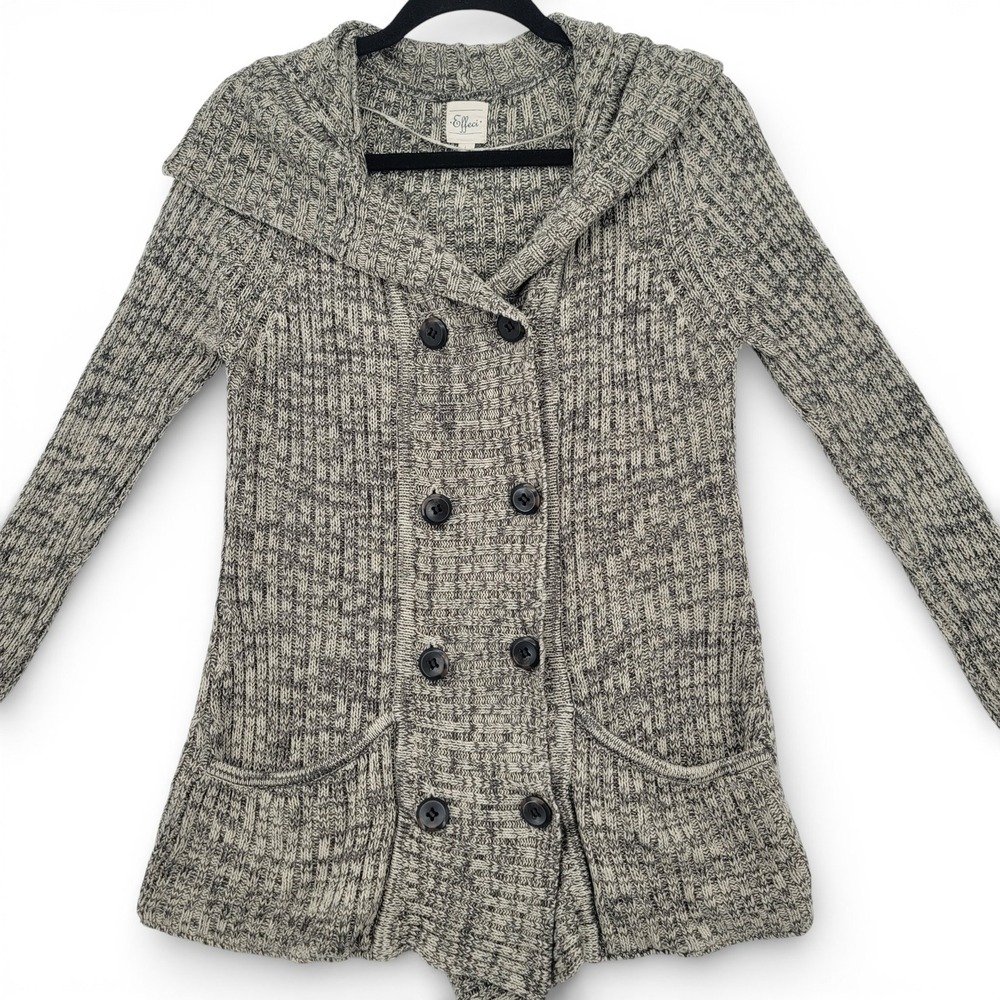 Effeci Hooded Knit Cardigan Sweater L Gray Chunky Ribbed Button Front EUC‎
